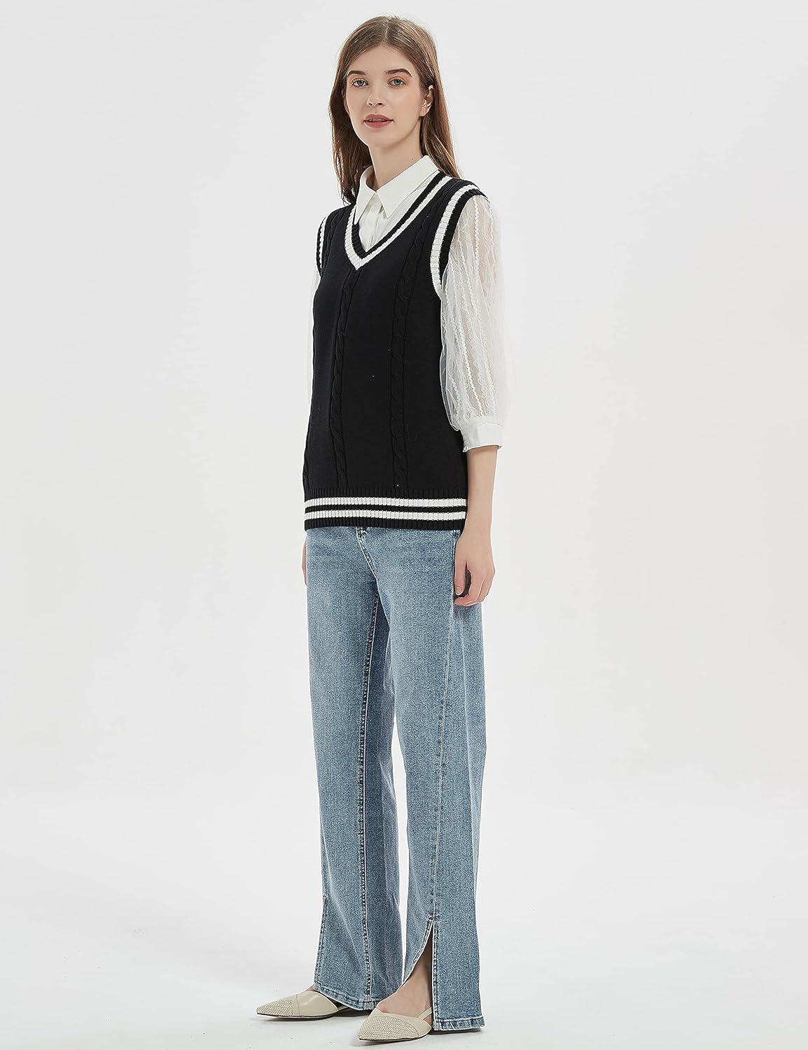 imageGihuo Womens Sweater Vest V Neck Uniform Sleeveless Knitted School JK Pullover Tops ClassicBlack