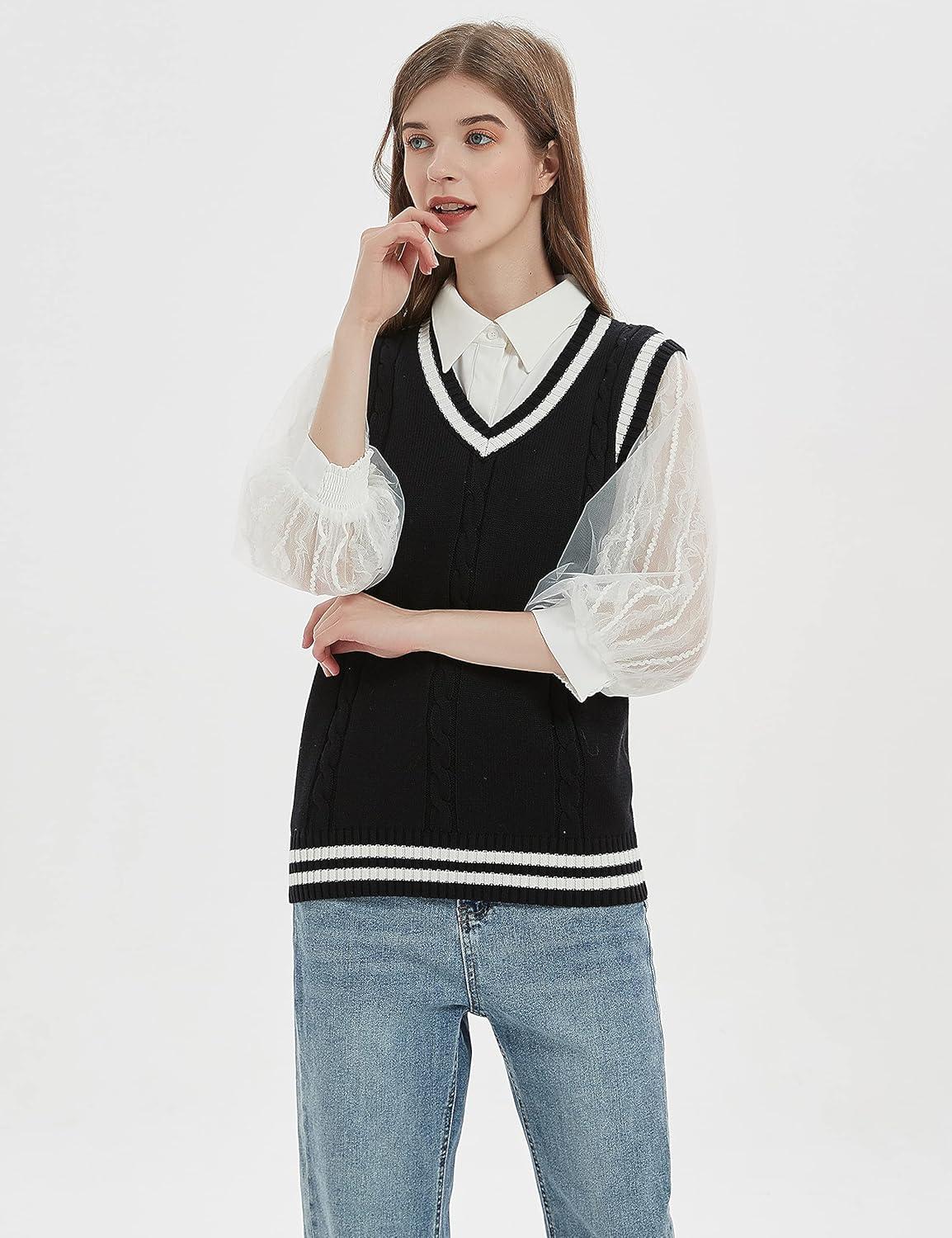 imageGihuo Womens Sweater Vest V Neck Uniform Sleeveless Knitted School JK Pullover Tops ClassicBlack
