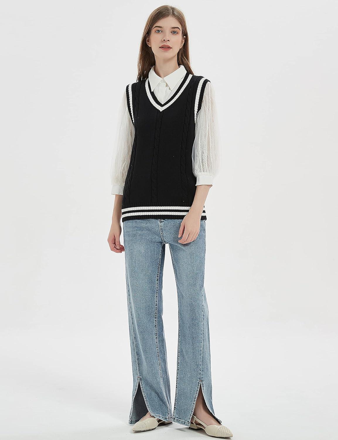 imageGihuo Womens Sweater Vest V Neck Uniform Sleeveless Knitted School JK Pullover Tops ClassicBlack