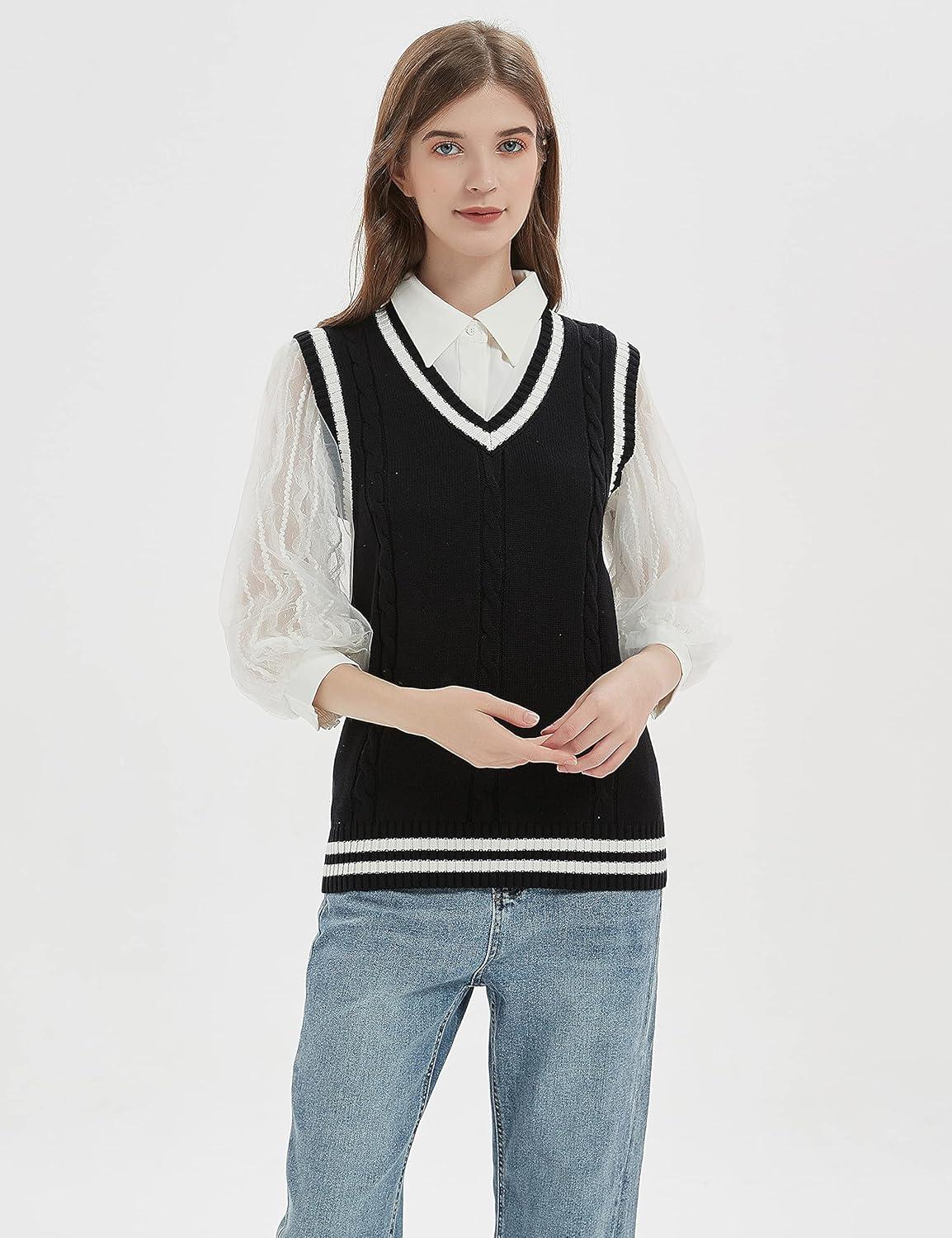 imageGihuo Womens Sweater Vest V Neck Uniform Sleeveless Knitted School JK Pullover Tops ClassicBlack
