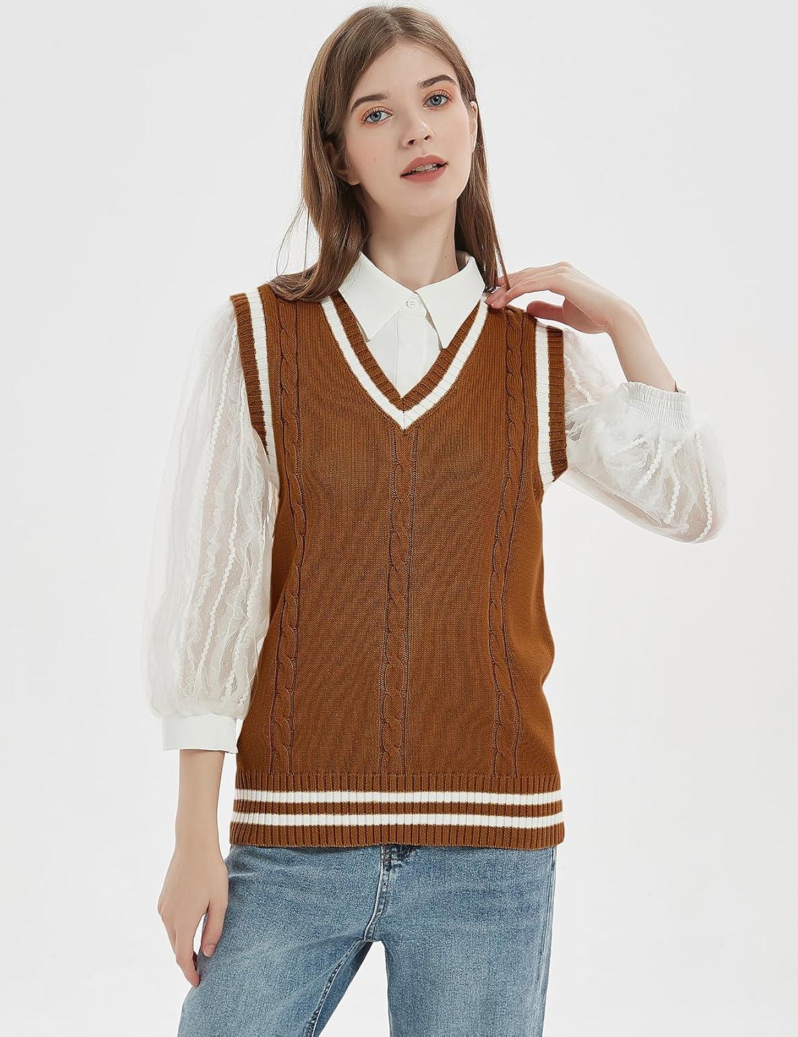 imageGihuo Womens Sweater Vest V Neck Uniform Sleeveless Knitted School JK Pullover Tops ClassicBrown