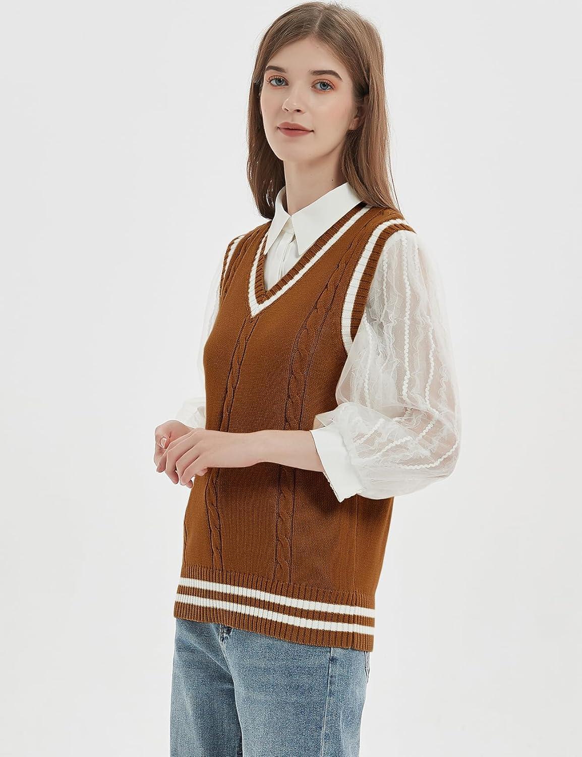 imageGihuo Womens Sweater Vest V Neck Uniform Sleeveless Knitted School JK Pullover Tops ClassicBrown