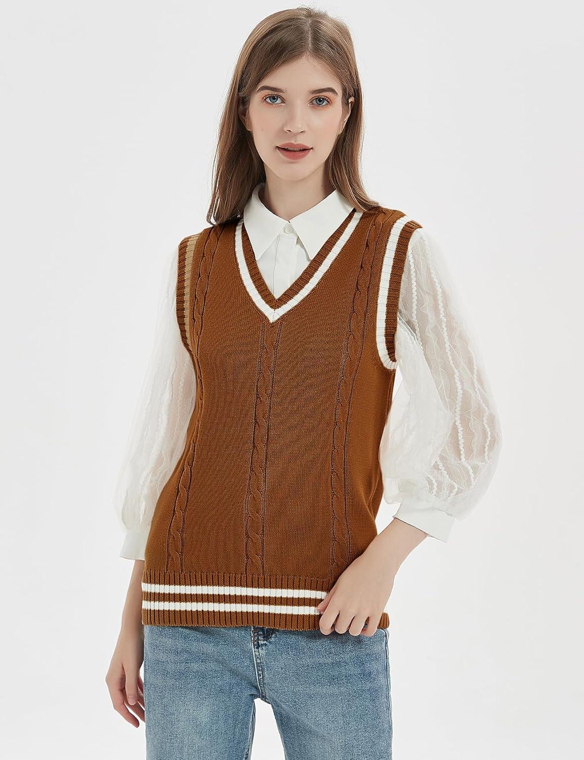 imageGihuo Womens Sweater Vest V Neck Uniform Sleeveless Knitted School JK Pullover Tops ClassicBrown