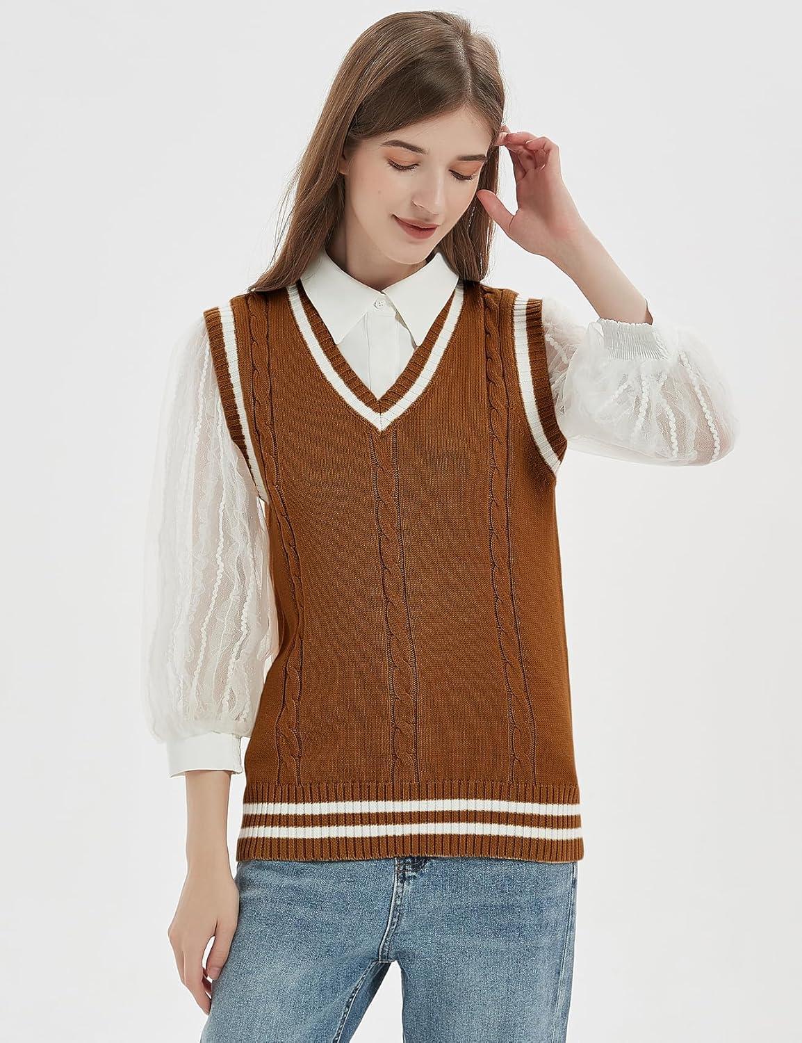 imageGihuo Womens Sweater Vest V Neck Uniform Sleeveless Knitted School JK Pullover Tops ClassicBrown