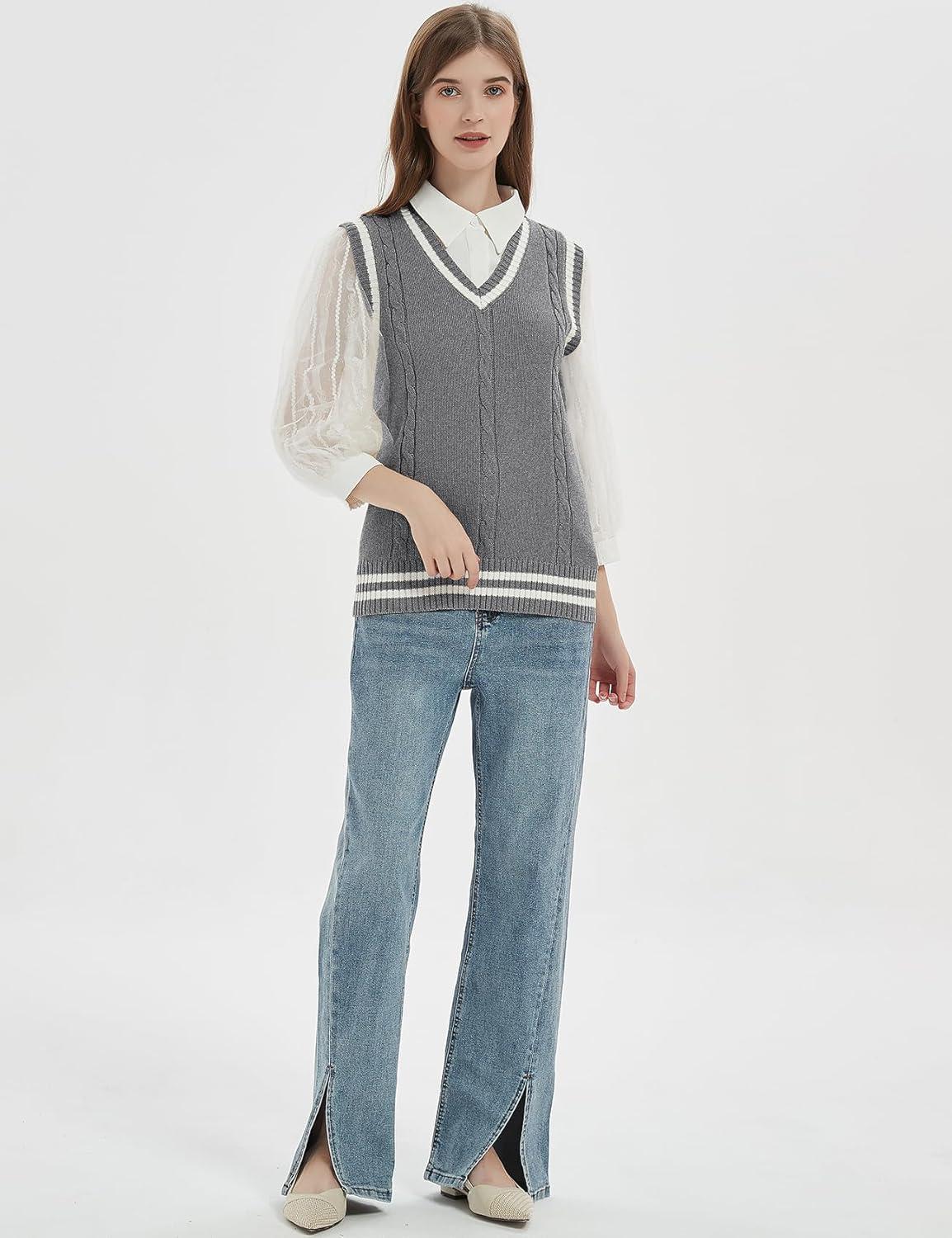 imageGihuo Womens Sweater Vest V Neck Uniform Sleeveless Knitted School JK Pullover Tops ClassicLightgrey