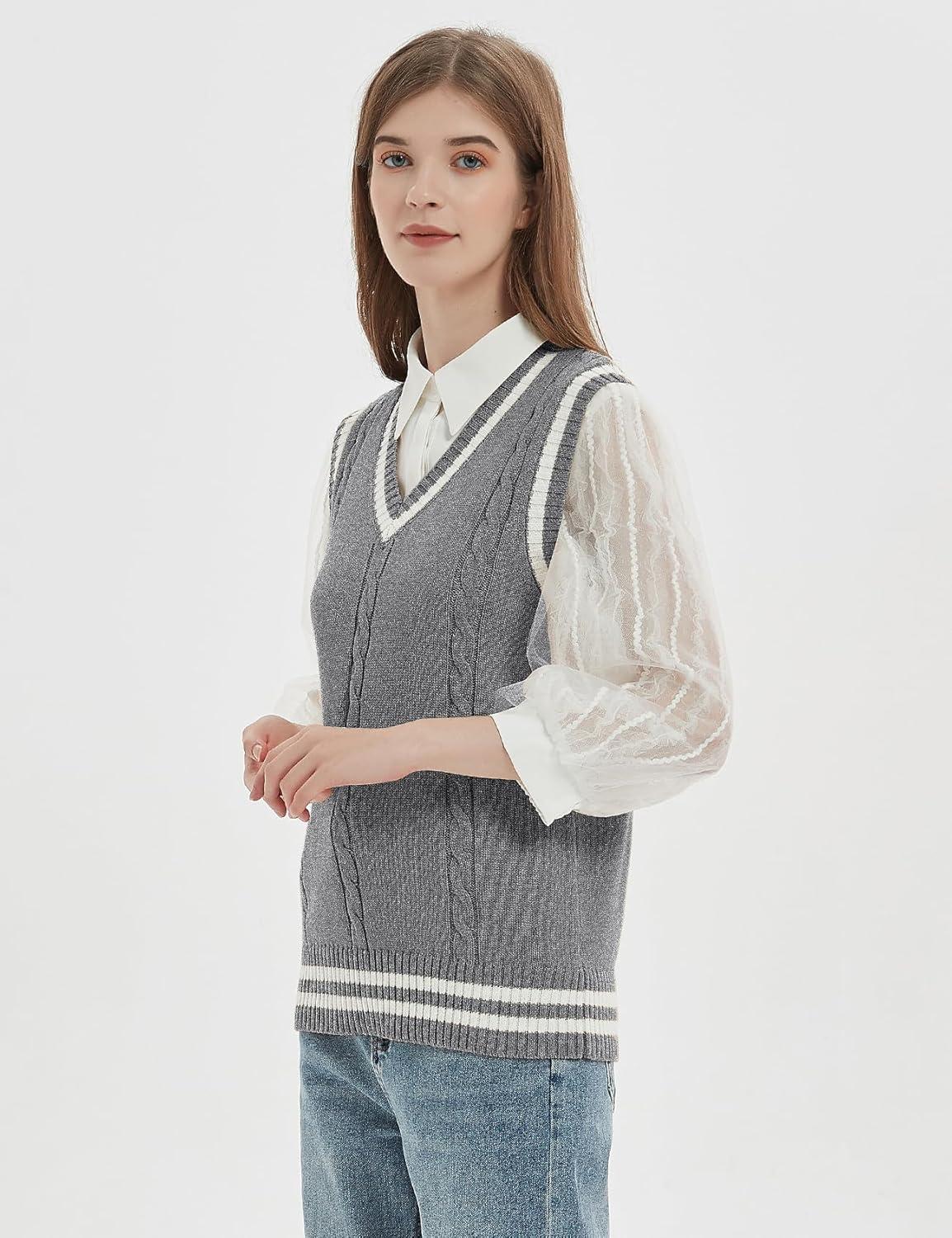 imageGihuo Womens Sweater Vest V Neck Uniform Sleeveless Knitted School JK Pullover Tops ClassicLightgrey