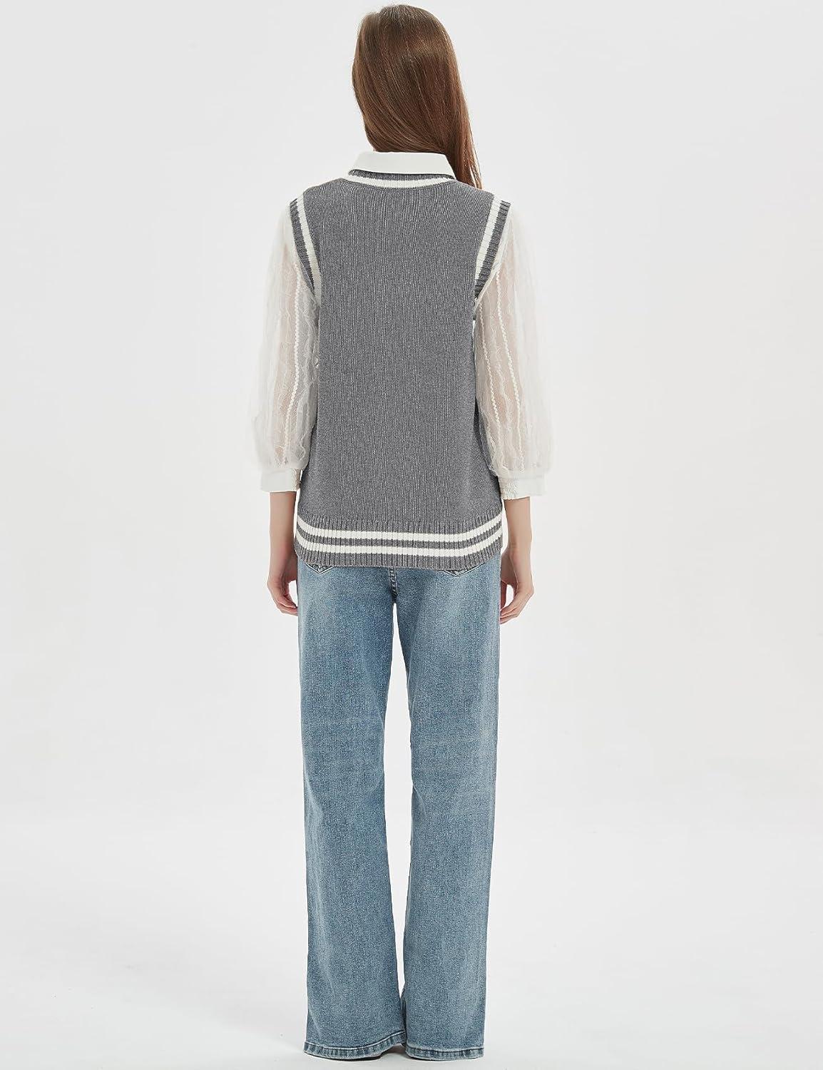 imageGihuo Womens Sweater Vest V Neck Uniform Sleeveless Knitted School JK Pullover Tops ClassicLightgrey