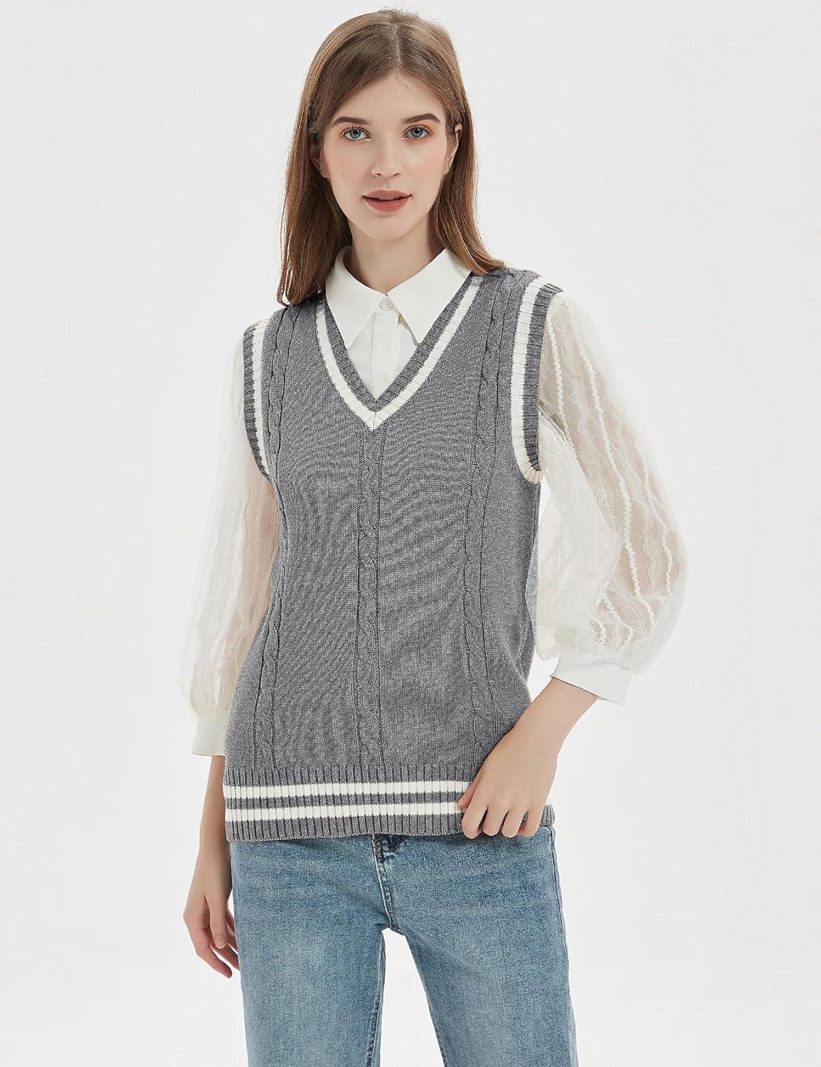 imageGihuo Womens Sweater Vest V Neck Uniform Sleeveless Knitted School JK Pullover Tops ClassicLightgrey