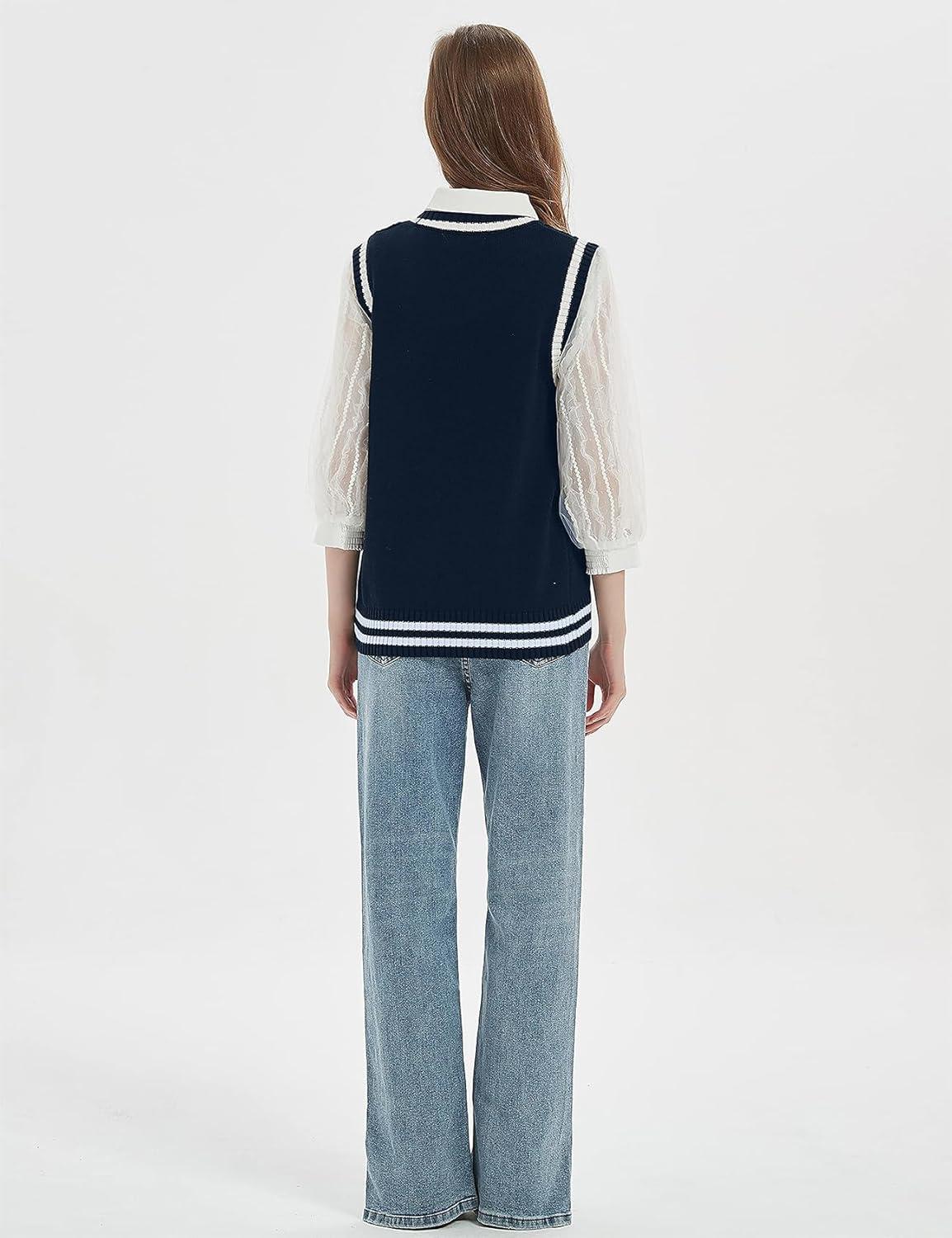imageGihuo Womens Sweater Vest V Neck Uniform Sleeveless Knitted School JK Pullover Tops ClassicNavy