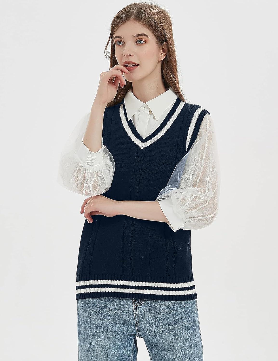 imageGihuo Womens Sweater Vest V Neck Uniform Sleeveless Knitted School JK Pullover Tops ClassicNavy