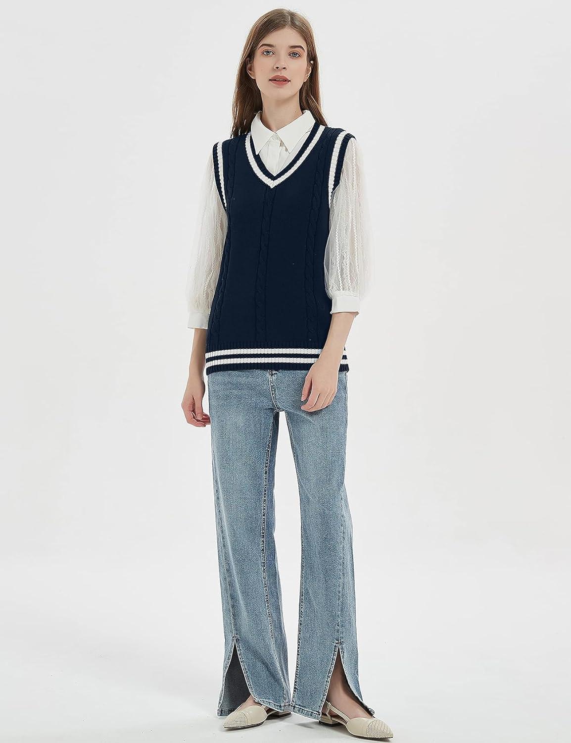 imageGihuo Womens Sweater Vest V Neck Uniform Sleeveless Knitted School JK Pullover Tops ClassicNavy