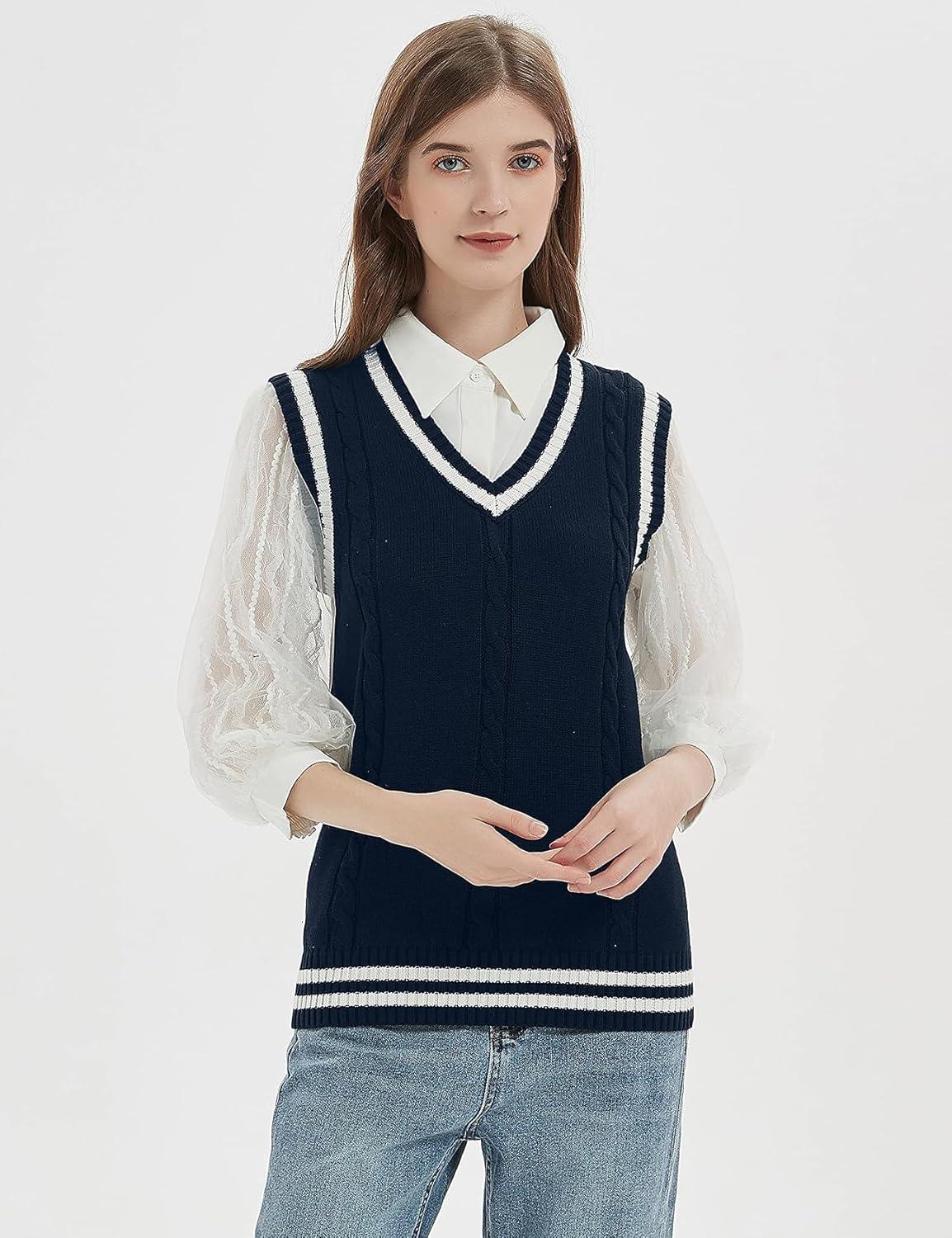 imageGihuo Womens Sweater Vest V Neck Uniform Sleeveless Knitted School JK Pullover Tops ClassicNavy