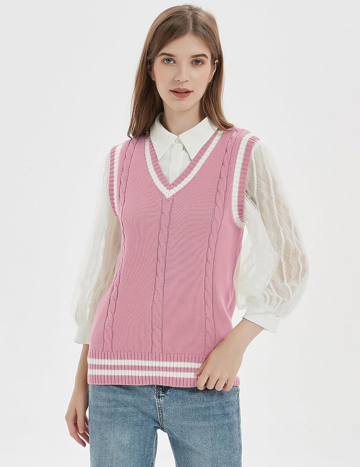 imageGihuo Womens Sweater Vest V Neck Uniform Sleeveless Knitted School JK Pullover Tops ClassicPink