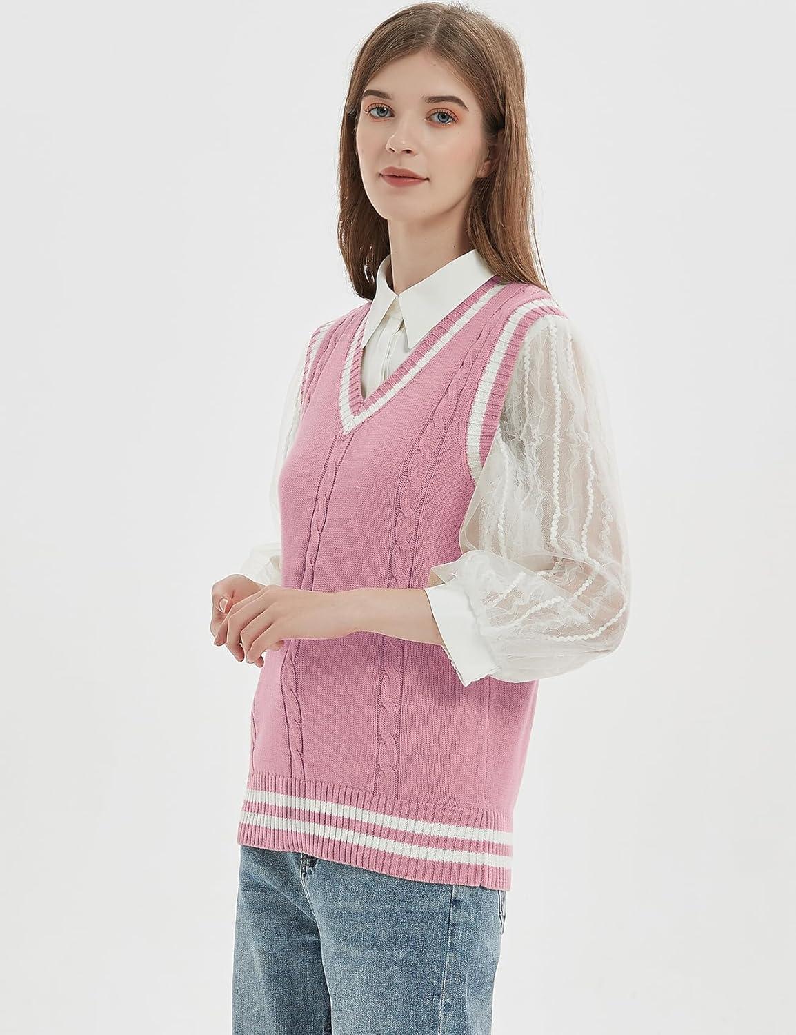 imageGihuo Womens Sweater Vest V Neck Uniform Sleeveless Knitted School JK Pullover Tops ClassicPink