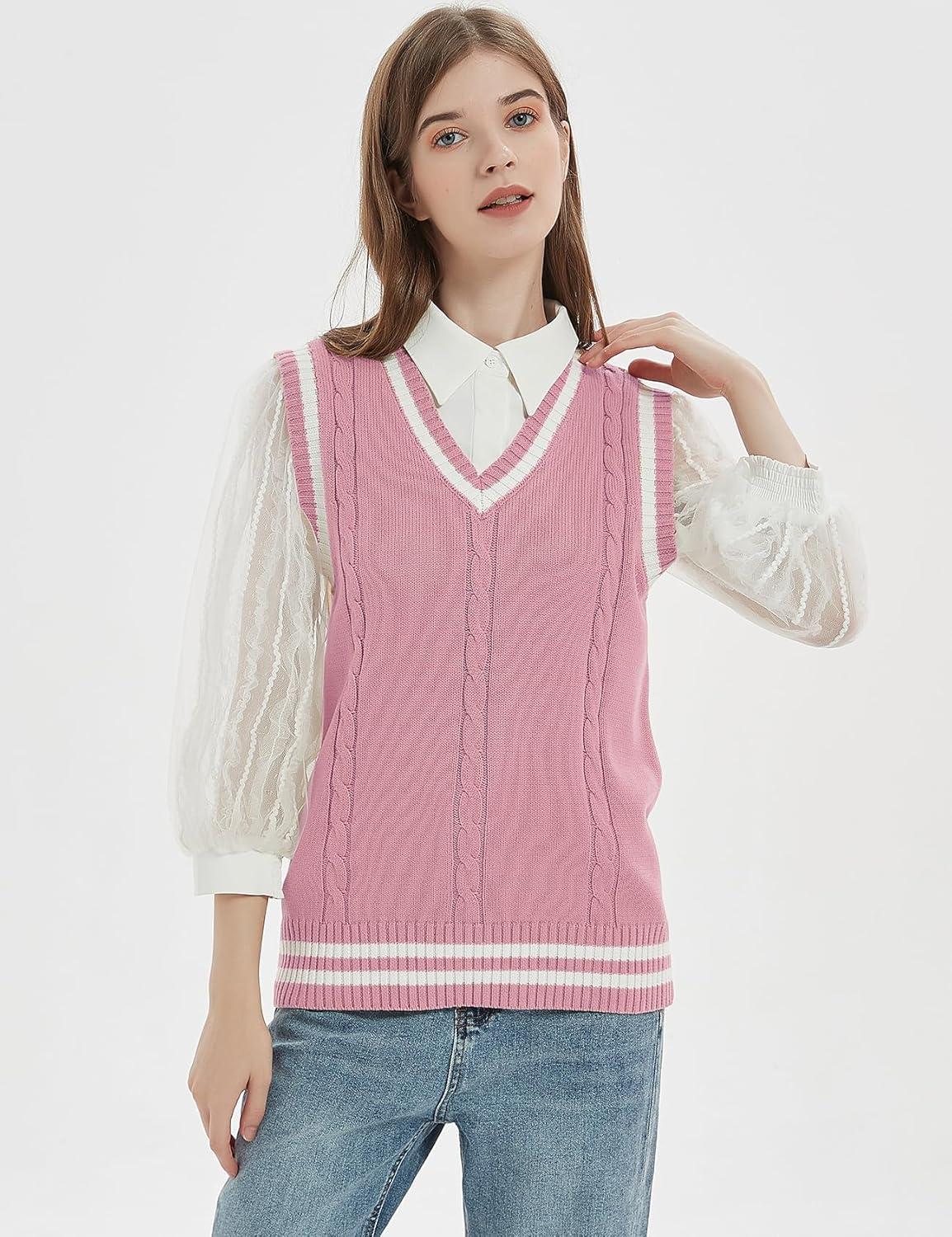 imageGihuo Womens Sweater Vest V Neck Uniform Sleeveless Knitted School JK Pullover Tops ClassicPink