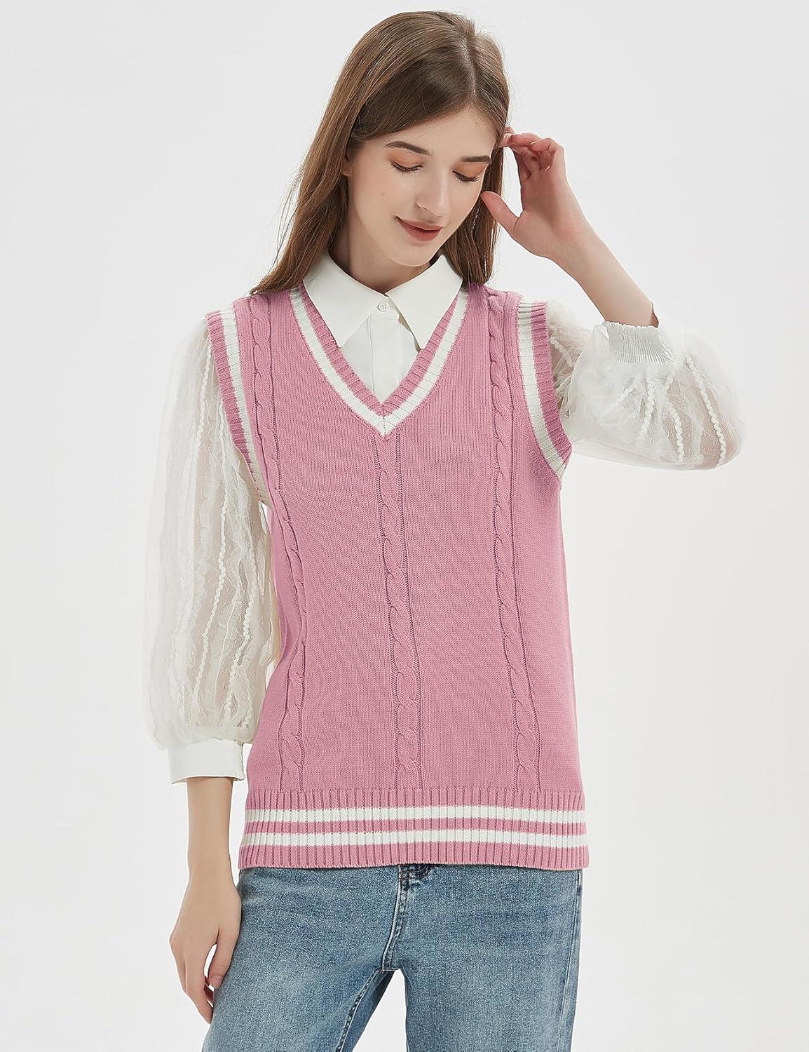 imageGihuo Womens Sweater Vest V Neck Uniform Sleeveless Knitted School JK Pullover Tops ClassicPink