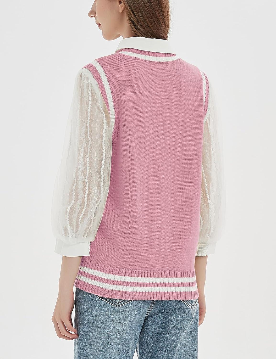 imageGihuo Womens Sweater Vest V Neck Uniform Sleeveless Knitted School JK Pullover Tops ClassicPink
