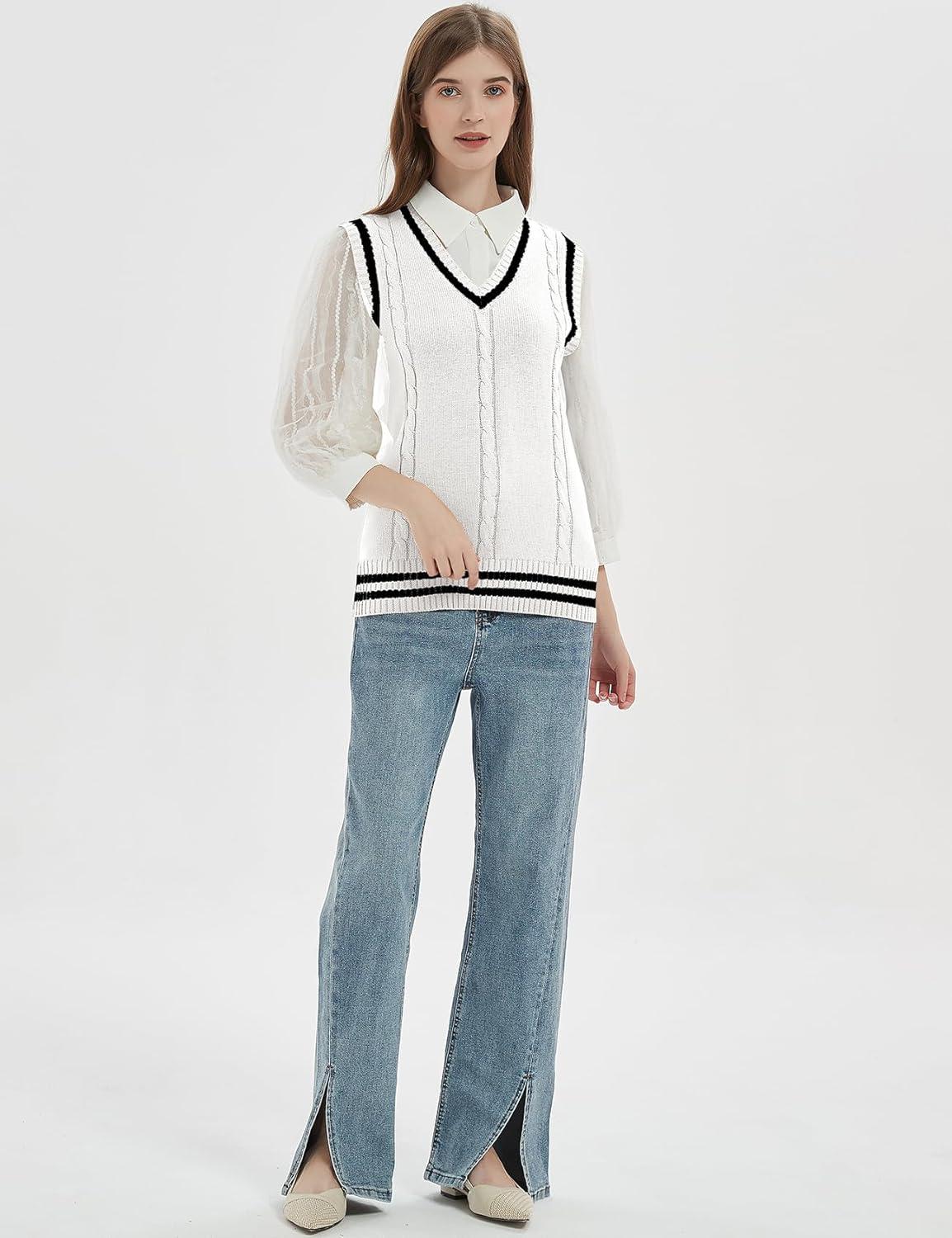 imageGihuo Womens Sweater Vest V Neck Uniform Sleeveless Knitted School JK Pullover Tops ClassicWhite