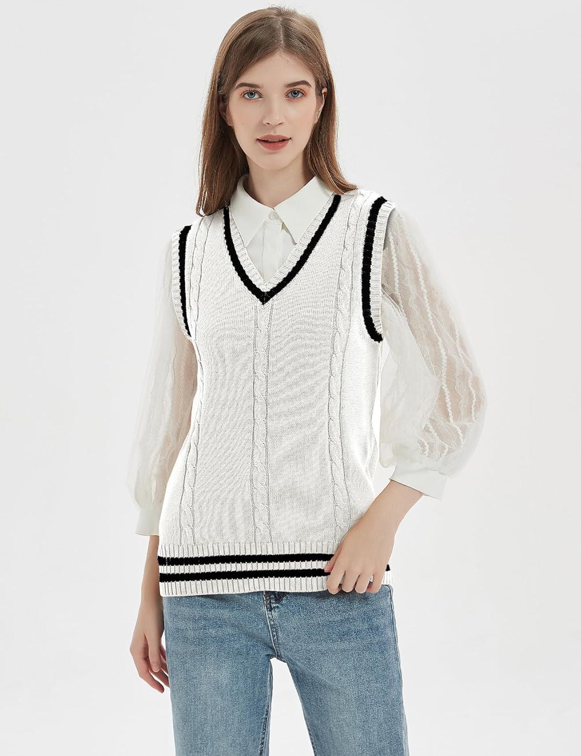 imageGihuo Womens Sweater Vest V Neck Uniform Sleeveless Knitted School JK Pullover Tops ClassicWhite