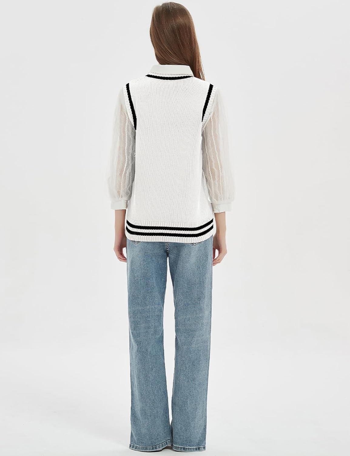 imageGihuo Womens Sweater Vest V Neck Uniform Sleeveless Knitted School JK Pullover Tops ClassicWhite