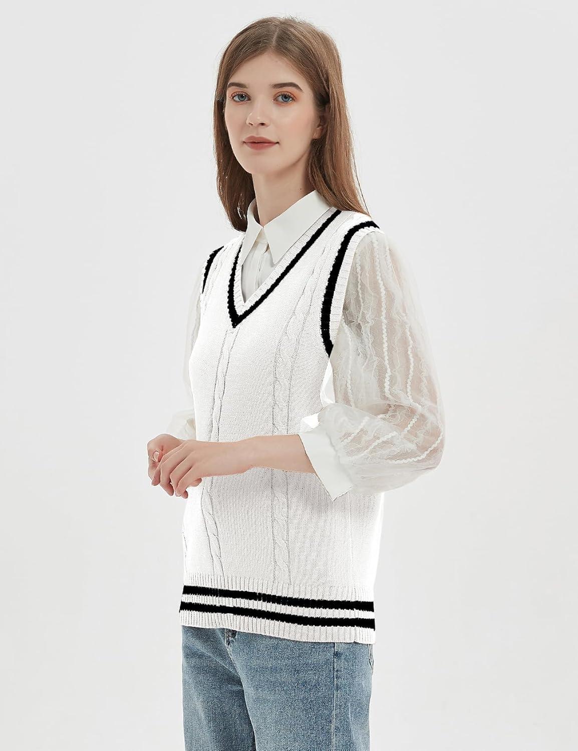 imageGihuo Womens Sweater Vest V Neck Uniform Sleeveless Knitted School JK Pullover Tops ClassicWhite