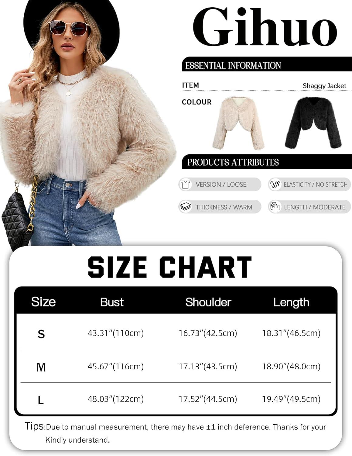 imageGihuo Womens Winter Cropped Faux Fur Coat Long Sleeve Open Front Cardigan Fleece Jackets Shaggy Parka OuterwearApricot