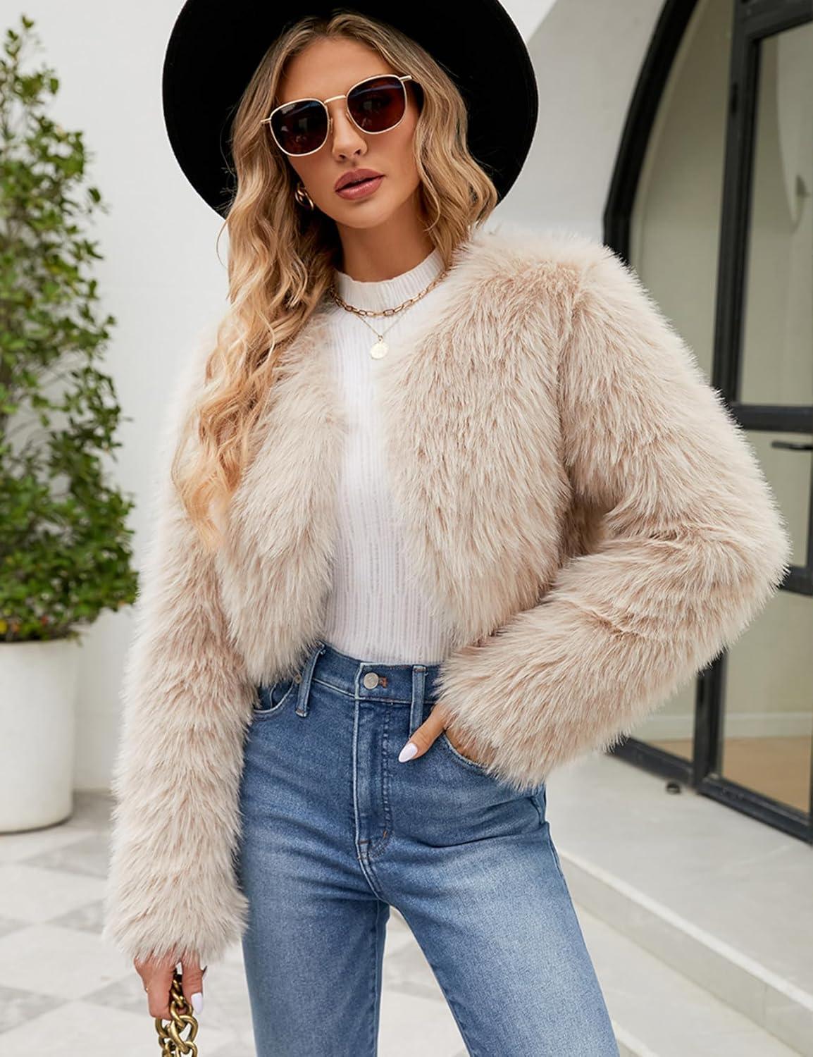 imageGihuo Womens Winter Cropped Faux Fur Coat Long Sleeve Open Front Cardigan Fleece Jackets Shaggy Parka OuterwearApricot