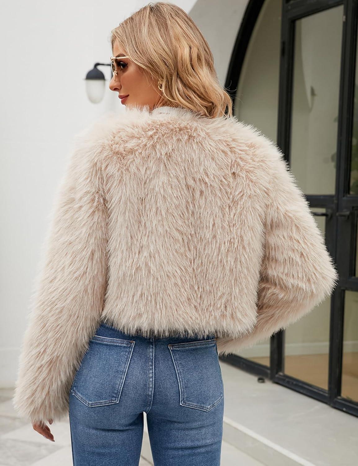 imageGihuo Womens Winter Cropped Faux Fur Coat Long Sleeve Open Front Cardigan Fleece Jackets Shaggy Parka OuterwearApricot