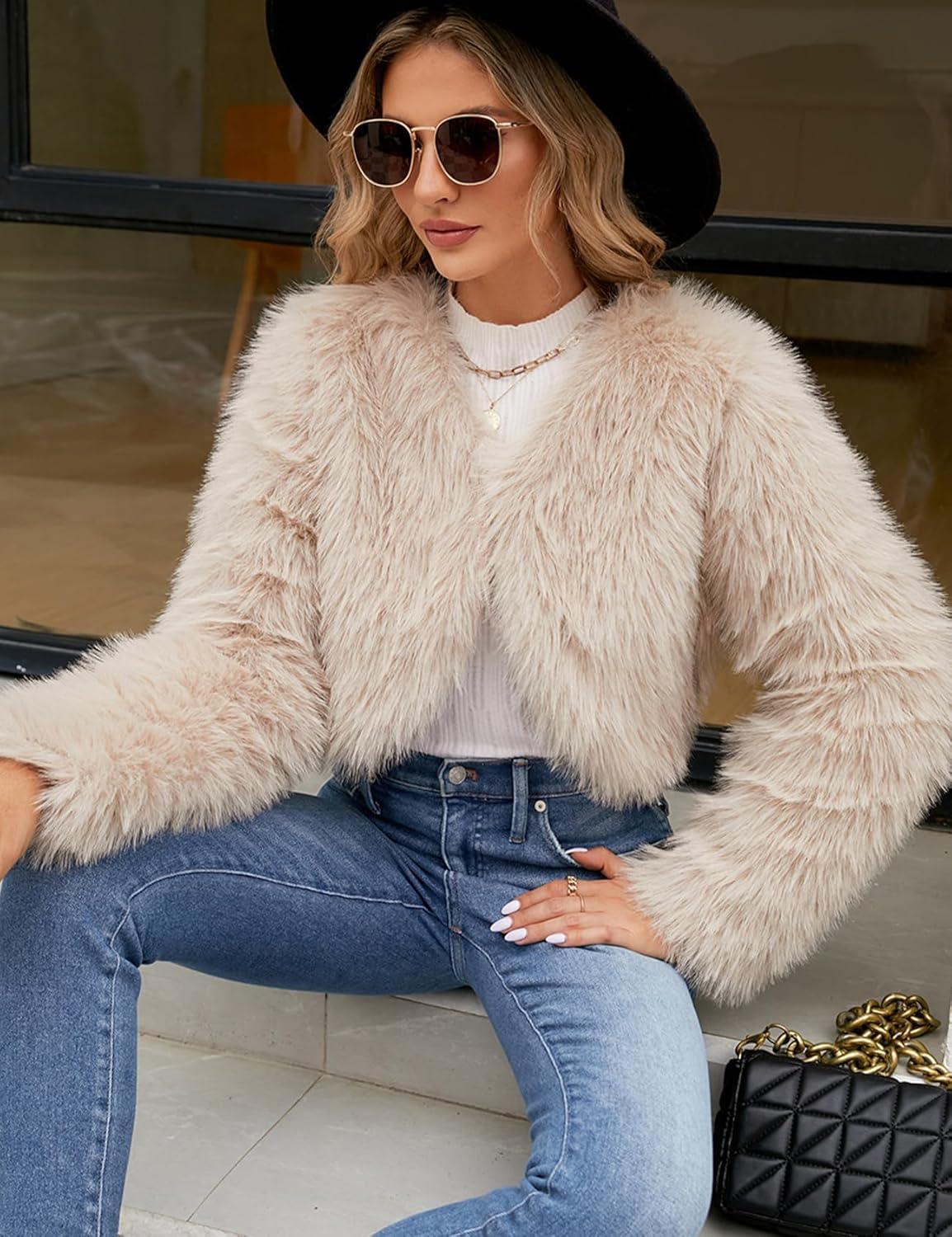 imageGihuo Womens Winter Cropped Faux Fur Coat Long Sleeve Open Front Cardigan Fleece Jackets Shaggy Parka OuterwearApricot