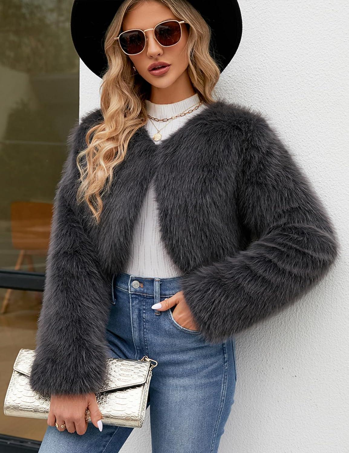 imageGihuo Womens Winter Cropped Faux Fur Coat Long Sleeve Open Front Cardigan Fleece Jackets Shaggy Parka OuterwearGrey