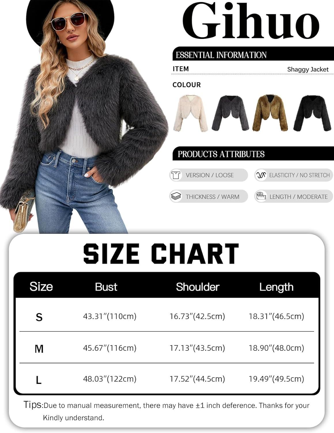 imageGihuo Womens Winter Cropped Faux Fur Coat Long Sleeve Open Front Cardigan Fleece Jackets Shaggy Parka OuterwearGrey