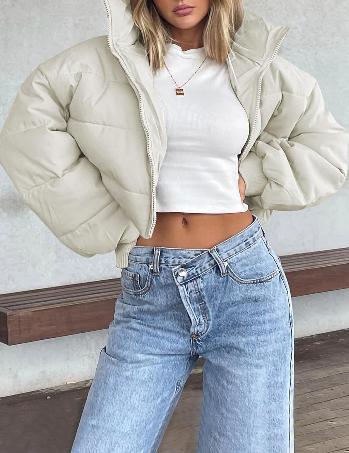 imageGihuo Womens Winter Puffer Jacket Cropped Lightweight Zip Up Padded Coat Oversized Stand Collar Short Quilted JacketsBeige