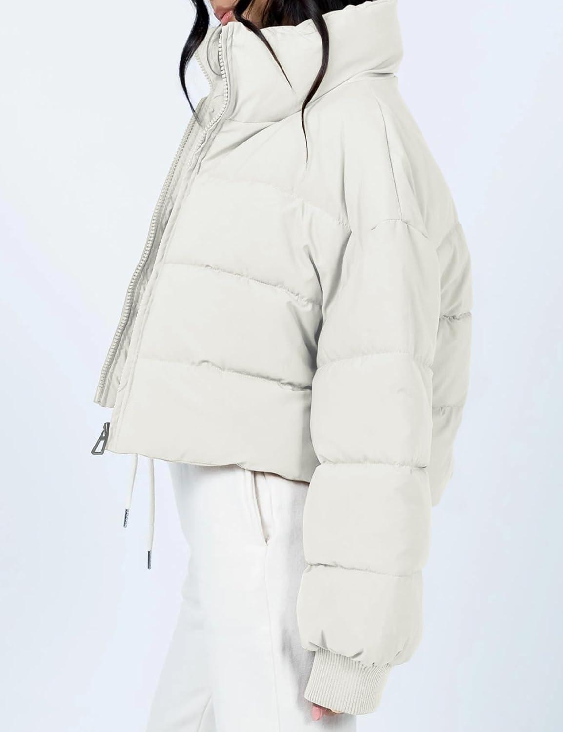 imageGihuo Womens Winter Puffer Jacket Cropped Lightweight Zip Up Padded Coat Oversized Stand Collar Short Quilted JacketsBeige