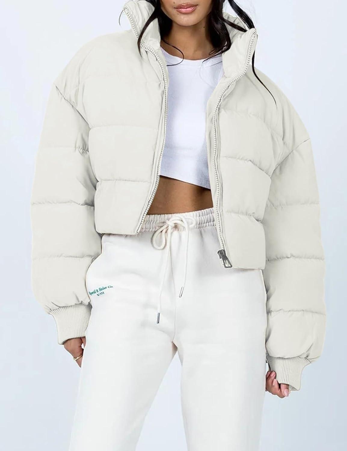 imageGihuo Womens Winter Puffer Jacket Cropped Lightweight Zip Up Padded Coat Oversized Stand Collar Short Quilted JacketsBeige