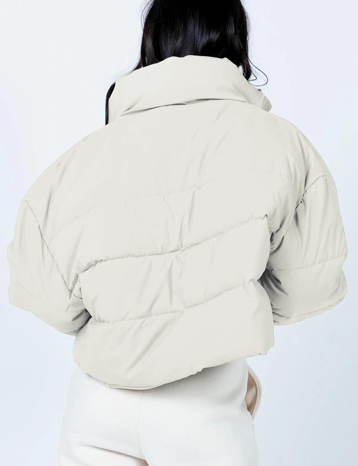 imageGihuo Womens Winter Puffer Jacket Cropped Lightweight Zip Up Padded Coat Oversized Stand Collar Short Quilted JacketsBeige