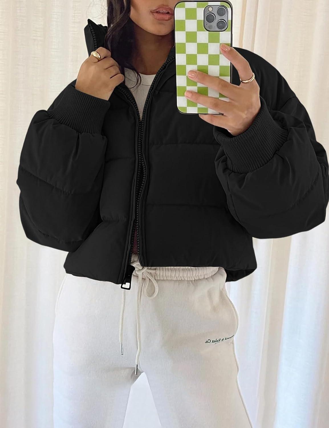 imageGihuo Womens Winter Puffer Jacket Cropped Lightweight Zip Up Padded Coat Oversized Stand Collar Short Quilted JacketsBlack