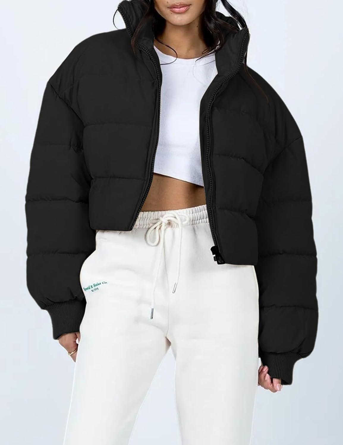 imageGihuo Womens Winter Puffer Jacket Cropped Lightweight Zip Up Padded Coat Oversized Stand Collar Short Quilted JacketsBlack