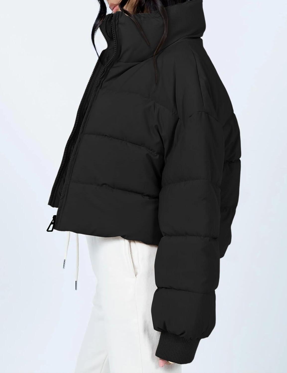 imageGihuo Womens Winter Puffer Jacket Cropped Lightweight Zip Up Padded Coat Oversized Stand Collar Short Quilted JacketsBlack