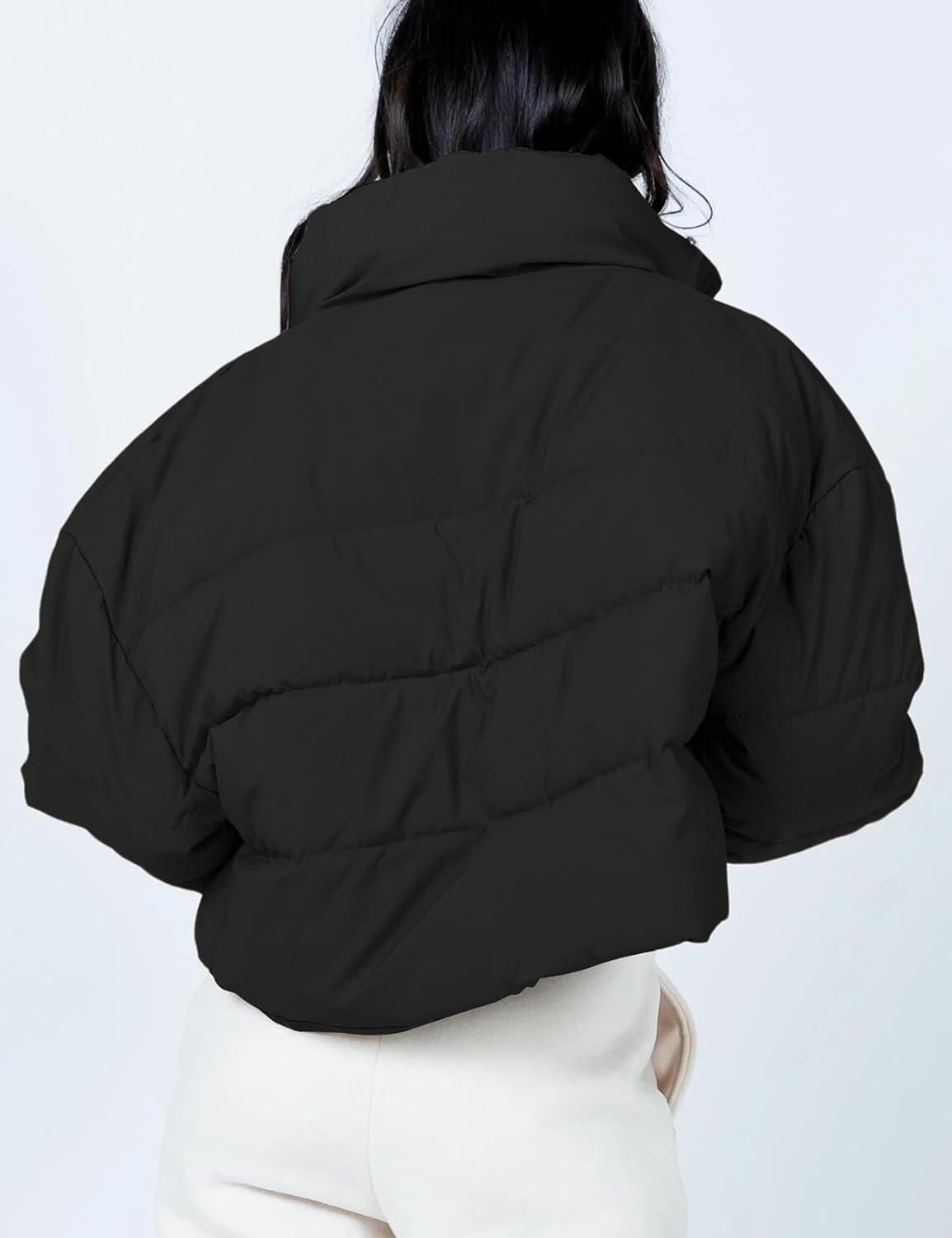 imageGihuo Womens Winter Puffer Jacket Cropped Lightweight Zip Up Padded Coat Oversized Stand Collar Short Quilted JacketsBlack