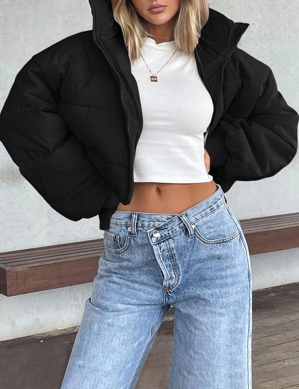 imageGihuo Womens Winter Puffer Jacket Cropped Lightweight Zip Up Padded Coat Oversized Stand Collar Short Quilted JacketsBlack