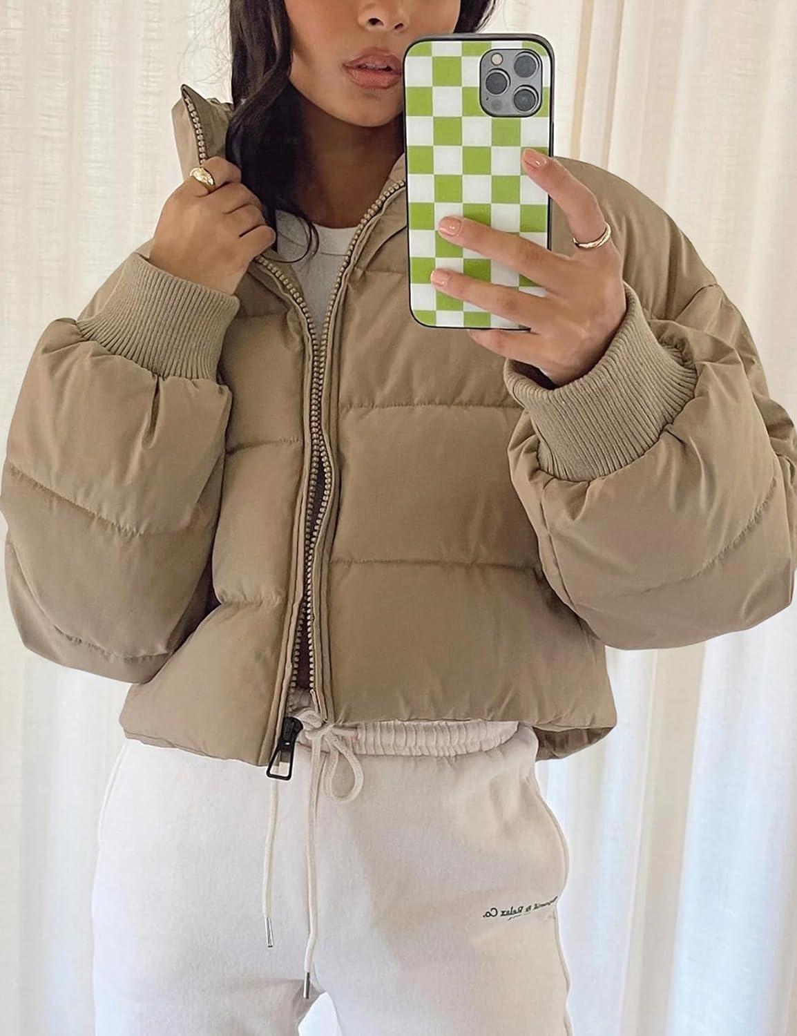 imageGihuo Womens Winter Puffer Jacket Cropped Lightweight Zip Up Padded Coat Oversized Stand Collar Short Quilted JacketsKhaki