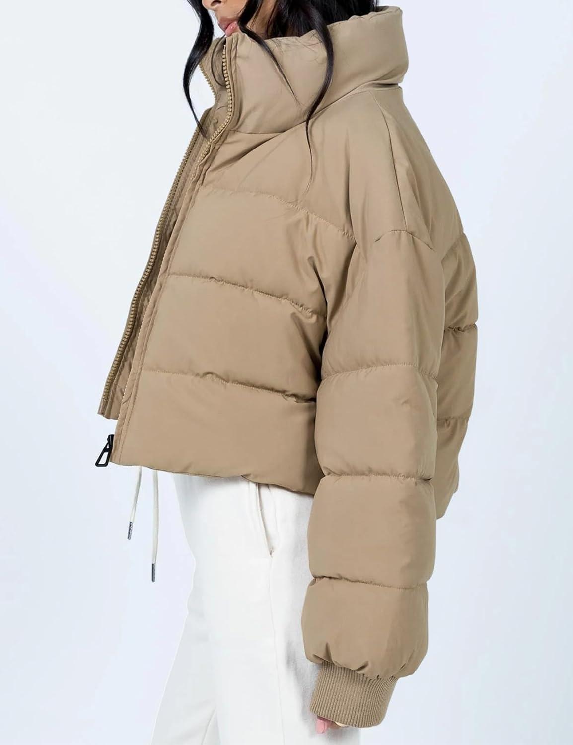 imageGihuo Womens Winter Puffer Jacket Cropped Lightweight Zip Up Padded Coat Oversized Stand Collar Short Quilted JacketsKhaki