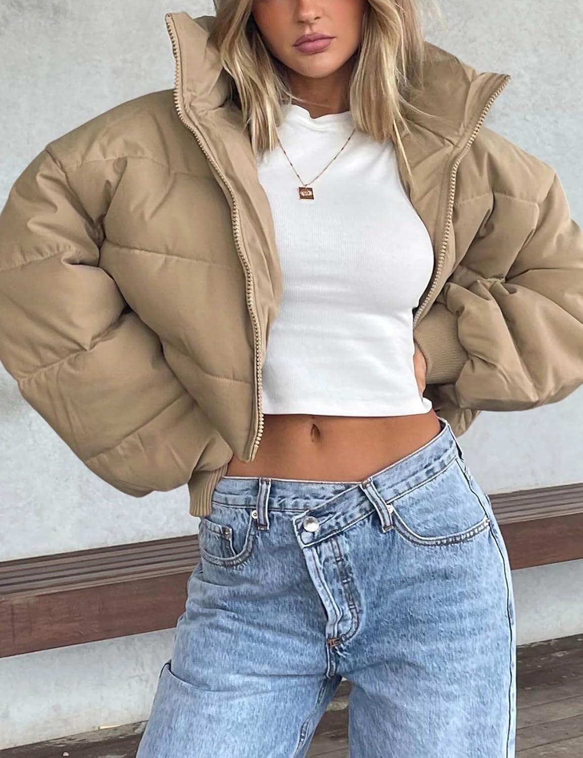 imageGihuo Womens Winter Puffer Jacket Cropped Lightweight Zip Up Padded Coat Oversized Stand Collar Short Quilted JacketsKhaki