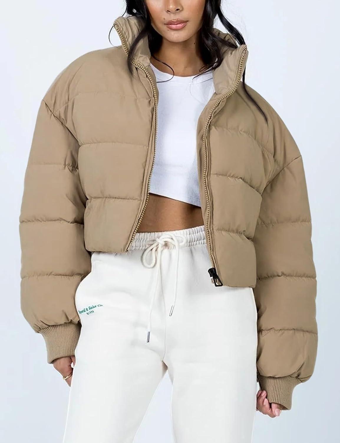 imageGihuo Womens Winter Puffer Jacket Cropped Lightweight Zip Up Padded Coat Oversized Stand Collar Short Quilted JacketsKhaki