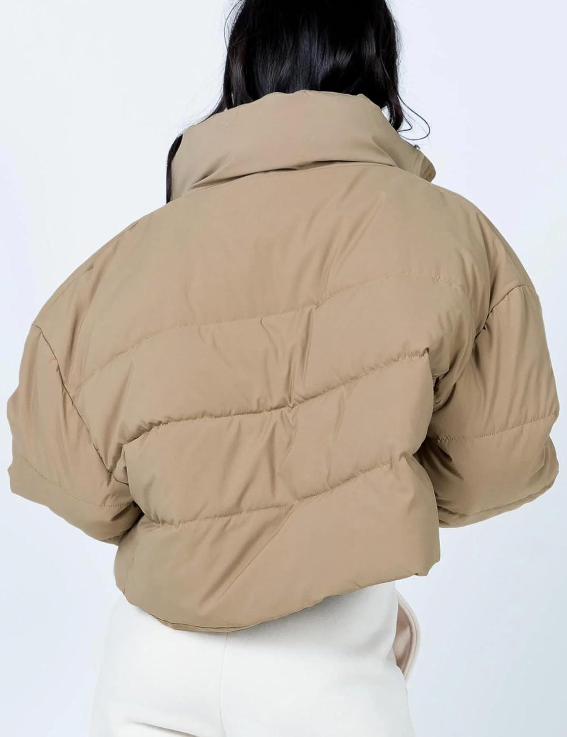 imageGihuo Womens Winter Puffer Jacket Cropped Lightweight Zip Up Padded Coat Oversized Stand Collar Short Quilted JacketsKhaki