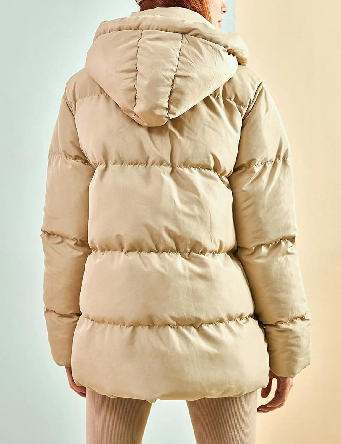 imageGihuo Womens Winter Puffer Jacket Oversized Zip Up Long Quilted Coats Lightweight Stand Collar Padded Jackets with HoodApricot