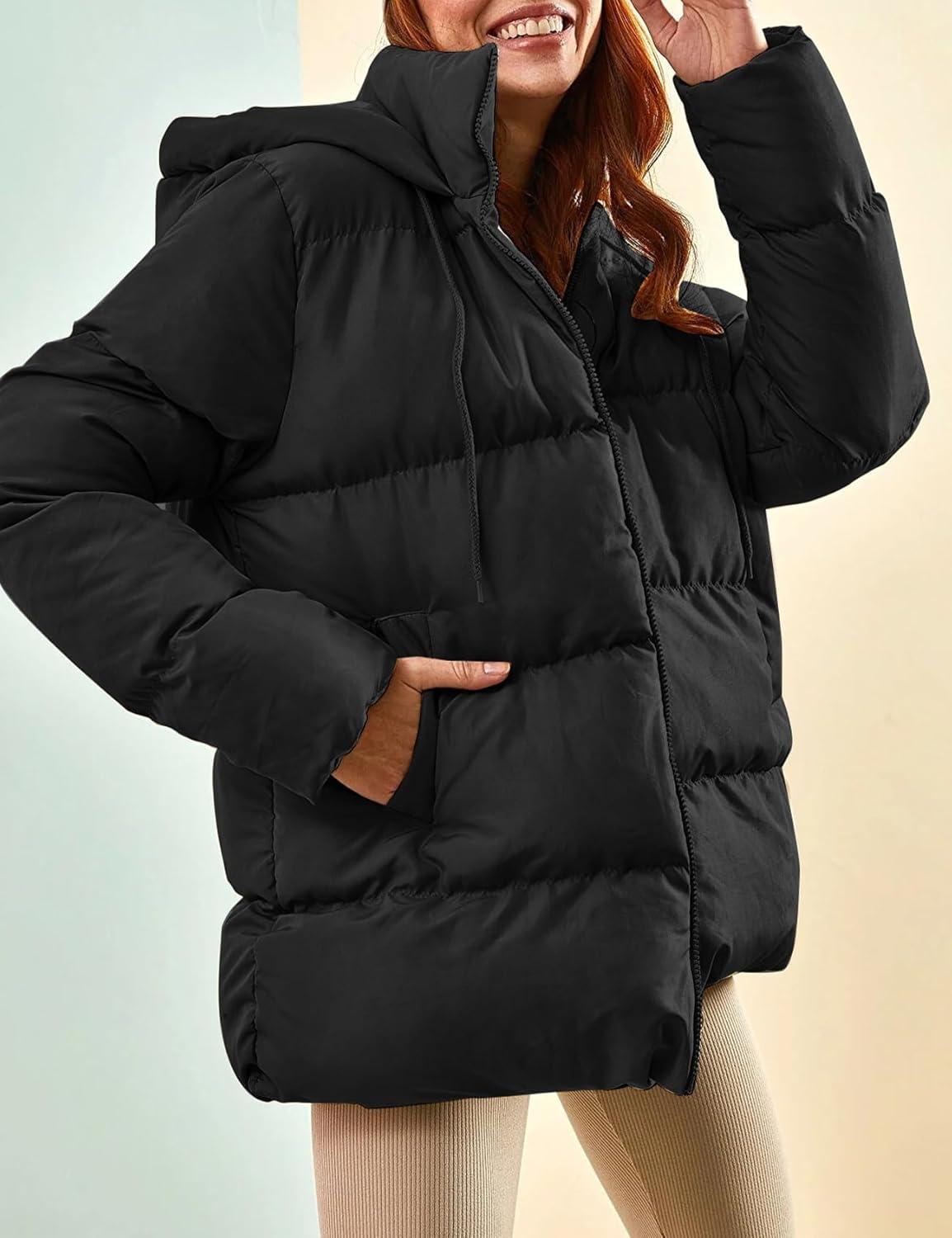 imageGihuo Womens Winter Puffer Jacket Oversized Zip Up Long Quilted Coats Lightweight Stand Collar Padded Jackets with HoodBlack
