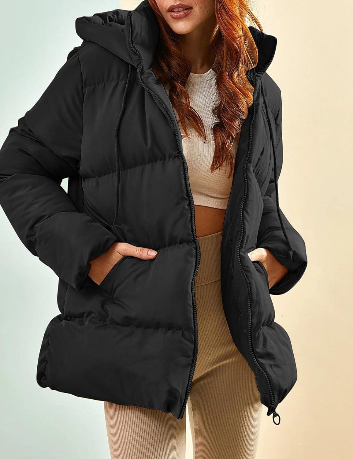 imageGihuo Womens Winter Puffer Jacket Oversized Zip Up Long Quilted Coats Lightweight Stand Collar Padded Jackets with HoodBlack