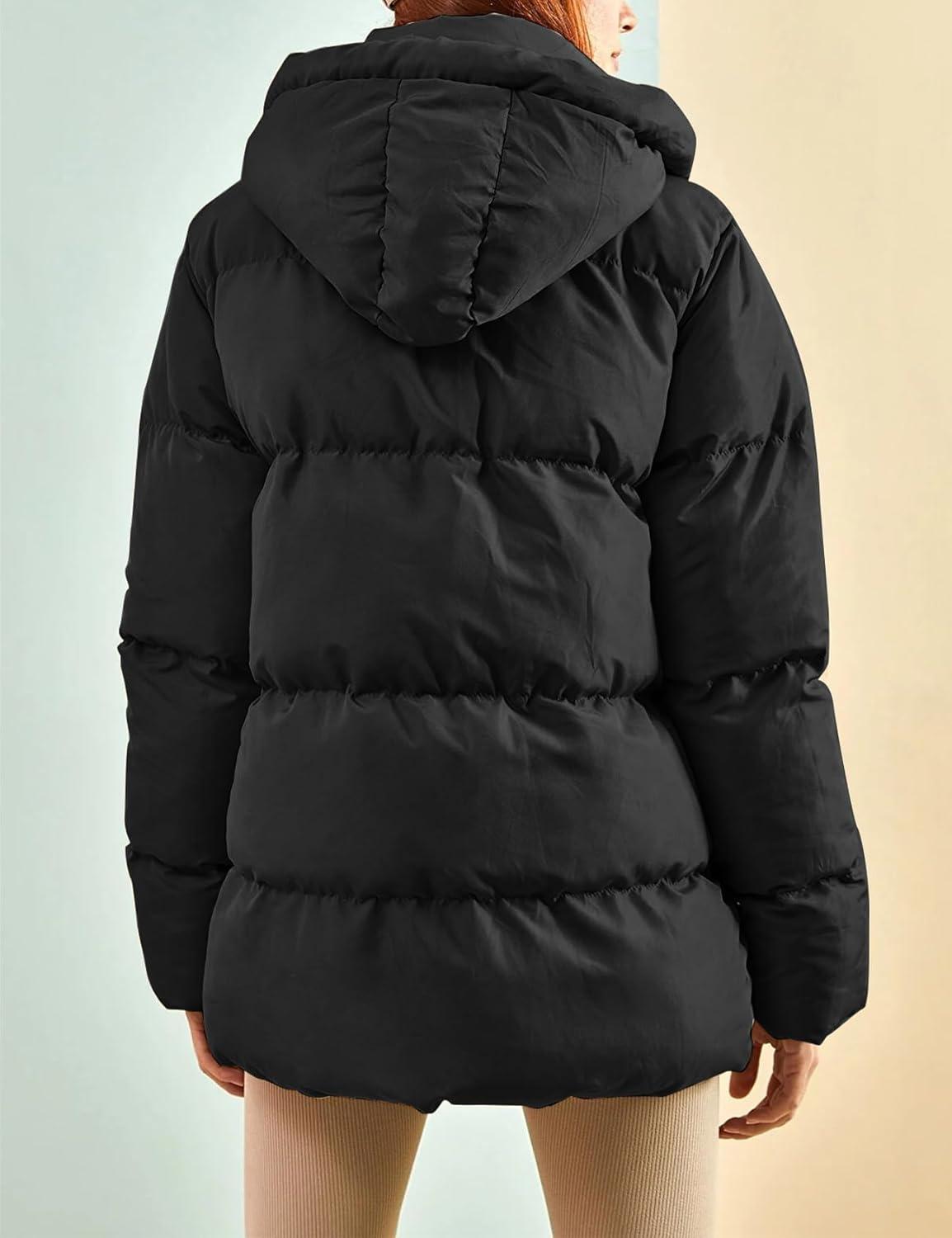 imageGihuo Womens Winter Puffer Jacket Oversized Zip Up Long Quilted Coats Lightweight Stand Collar Padded Jackets with HoodBlack