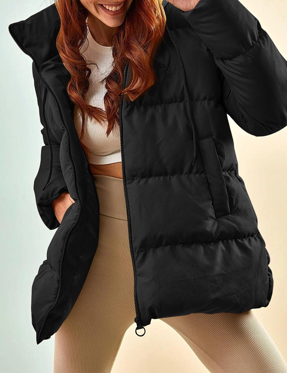 imageGihuo Womens Winter Puffer Jacket Oversized Zip Up Long Quilted Coats Lightweight Stand Collar Padded Jackets with HoodBlack